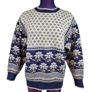 Vintage‎ Import Workshop White & Navy Nordic Wool Blend Sweater Size Large Women